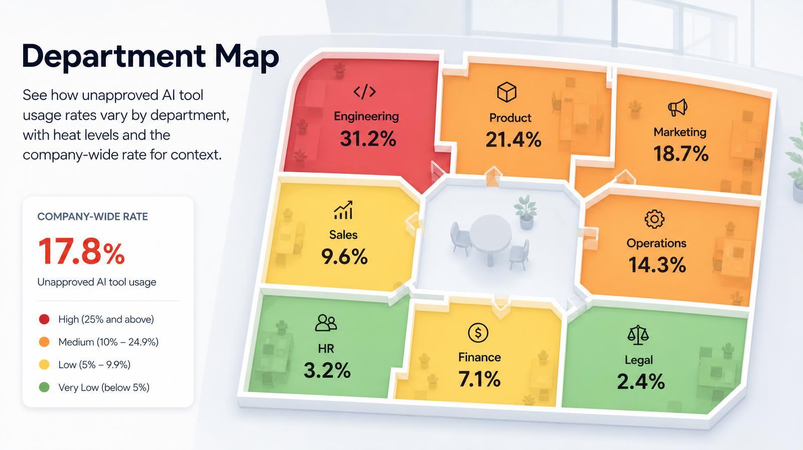 Office floor plan with color-coded AI tool usage rates for each department.